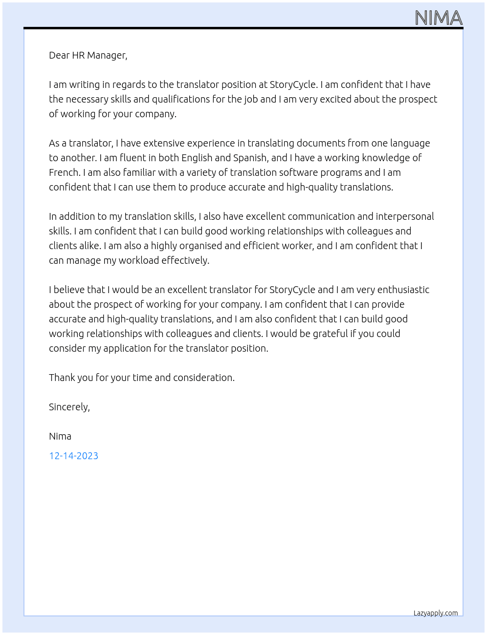 translator At StoryCycle Cover Letter