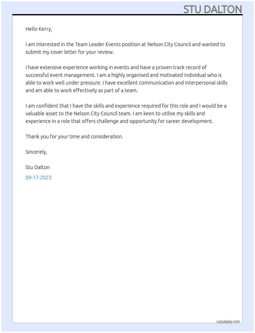 Team Leader Events At Nelson City Council Cover Letter