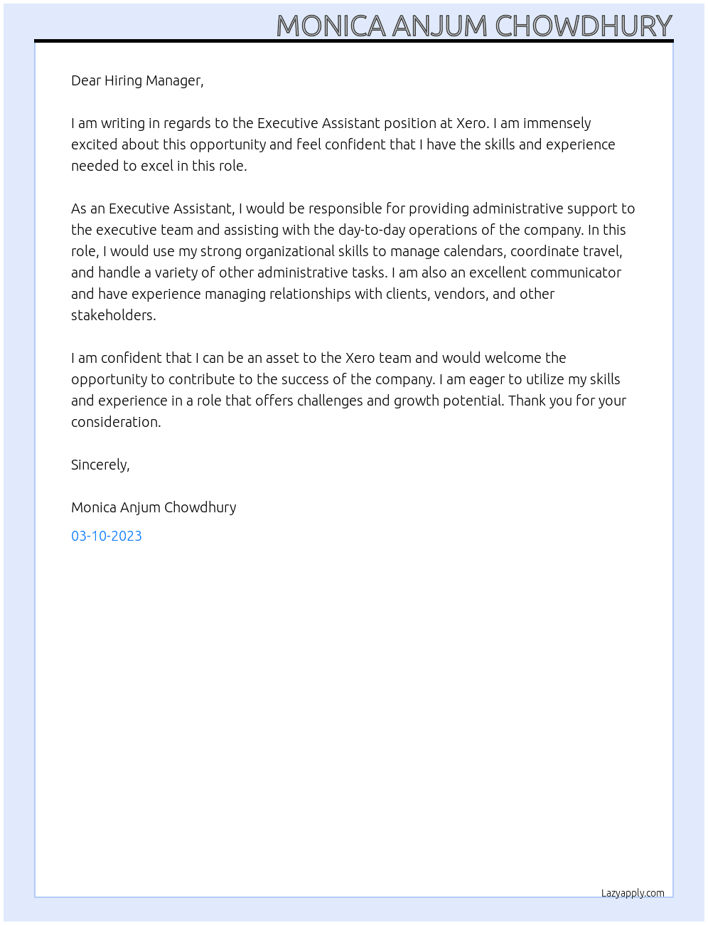 Executive Assistant At Xero Cover Letter