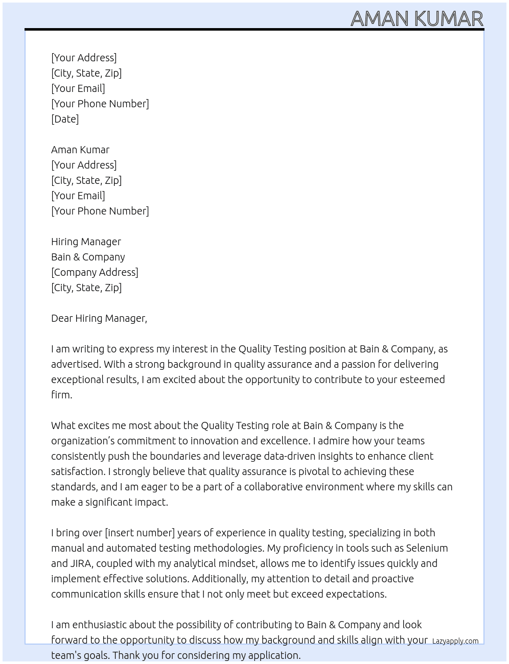 quality testing At Bain & Company Cover Letter