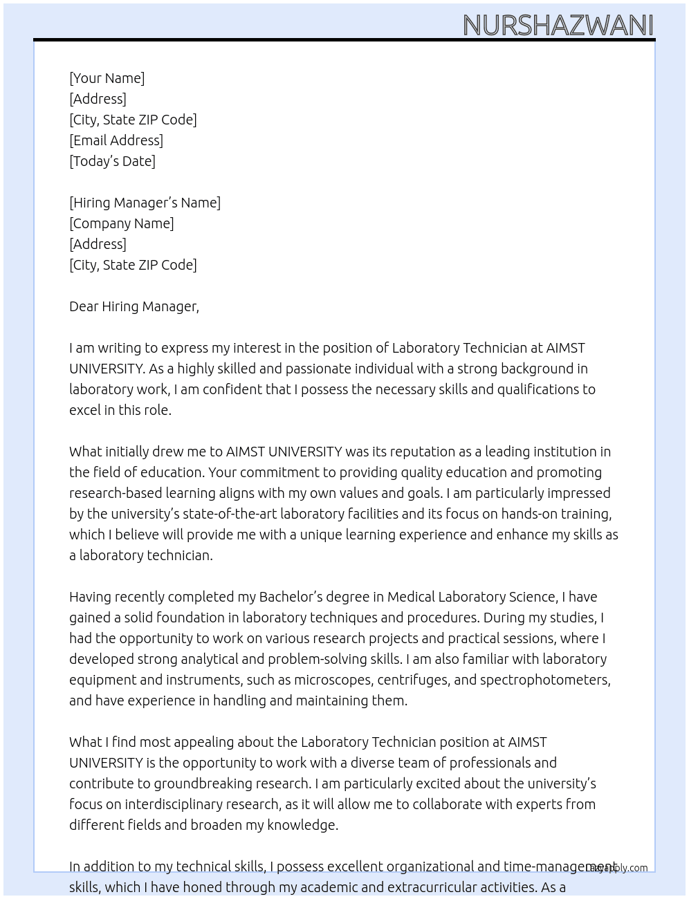 Laboratory Technician At AIMST UNIVERSITY Cover Letter