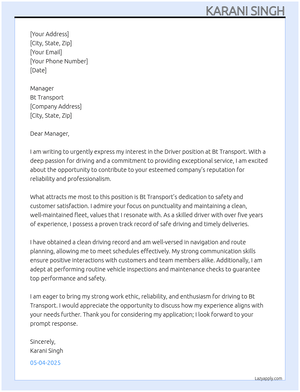Driver  At Bt transport  Cover Letter