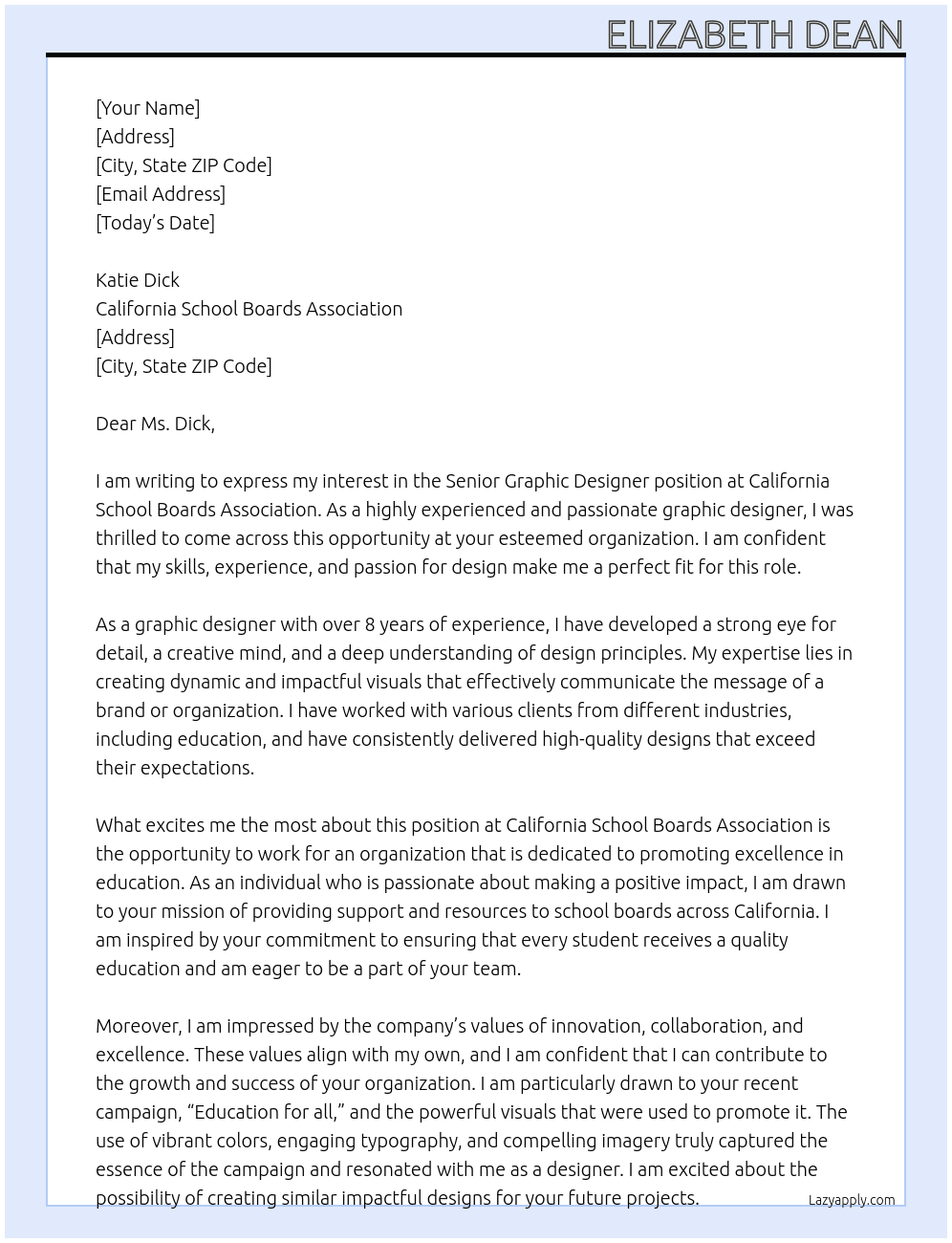 Senior Graphic Designer At California School Boards Association Cover Letter