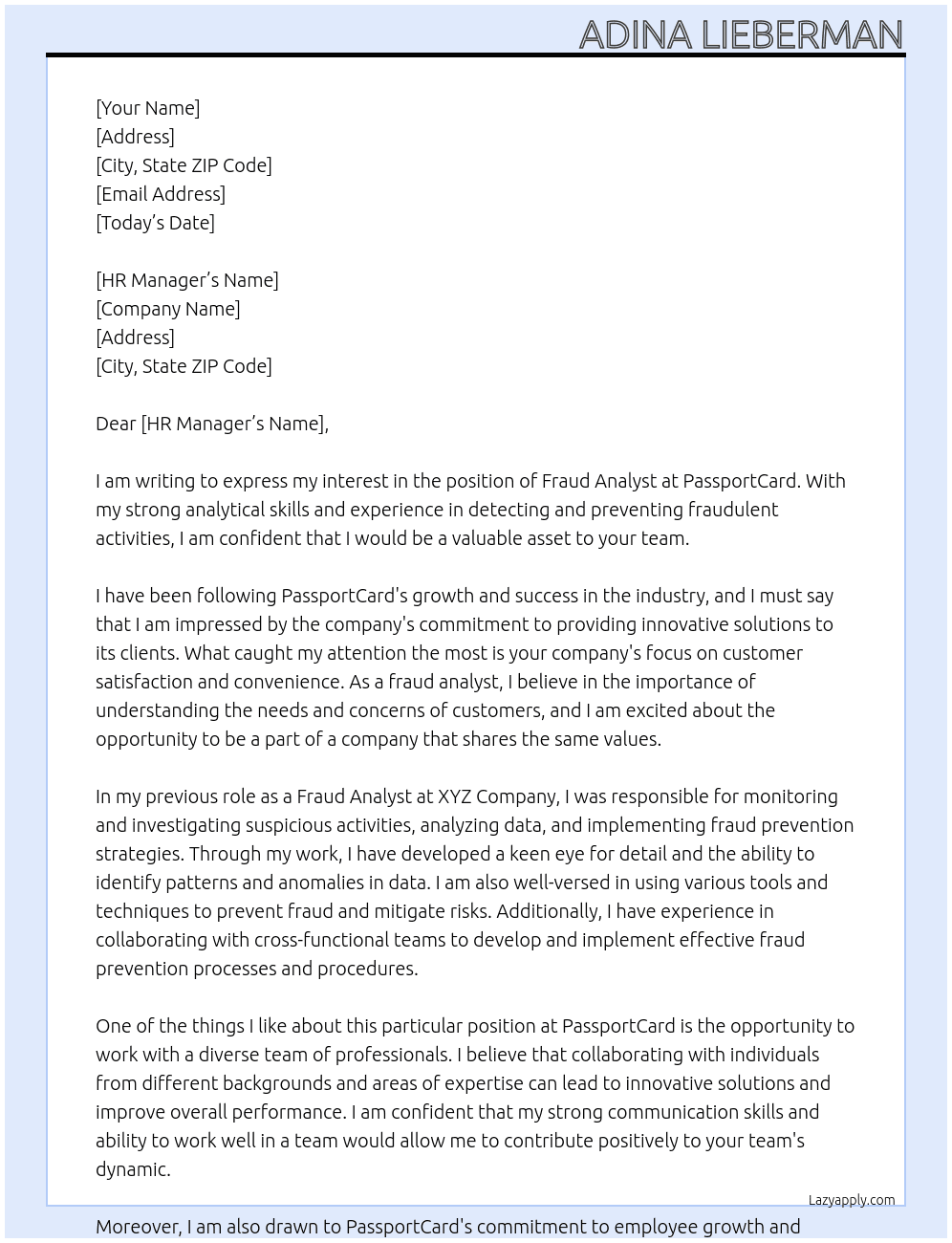 Fraud Analyst At PassportCard Cover Letter