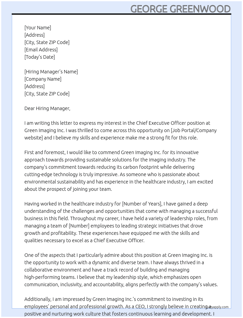 Chief Executive Officer At Green Imaging Inc.  Cover Letter