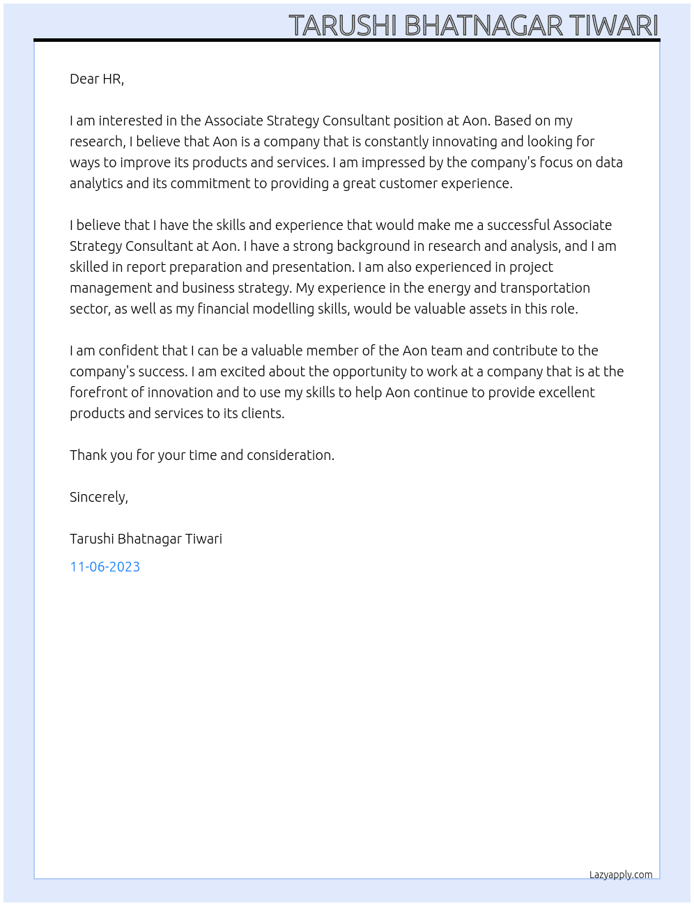 Associate Strategy Consultant At Aon  Cover Letter