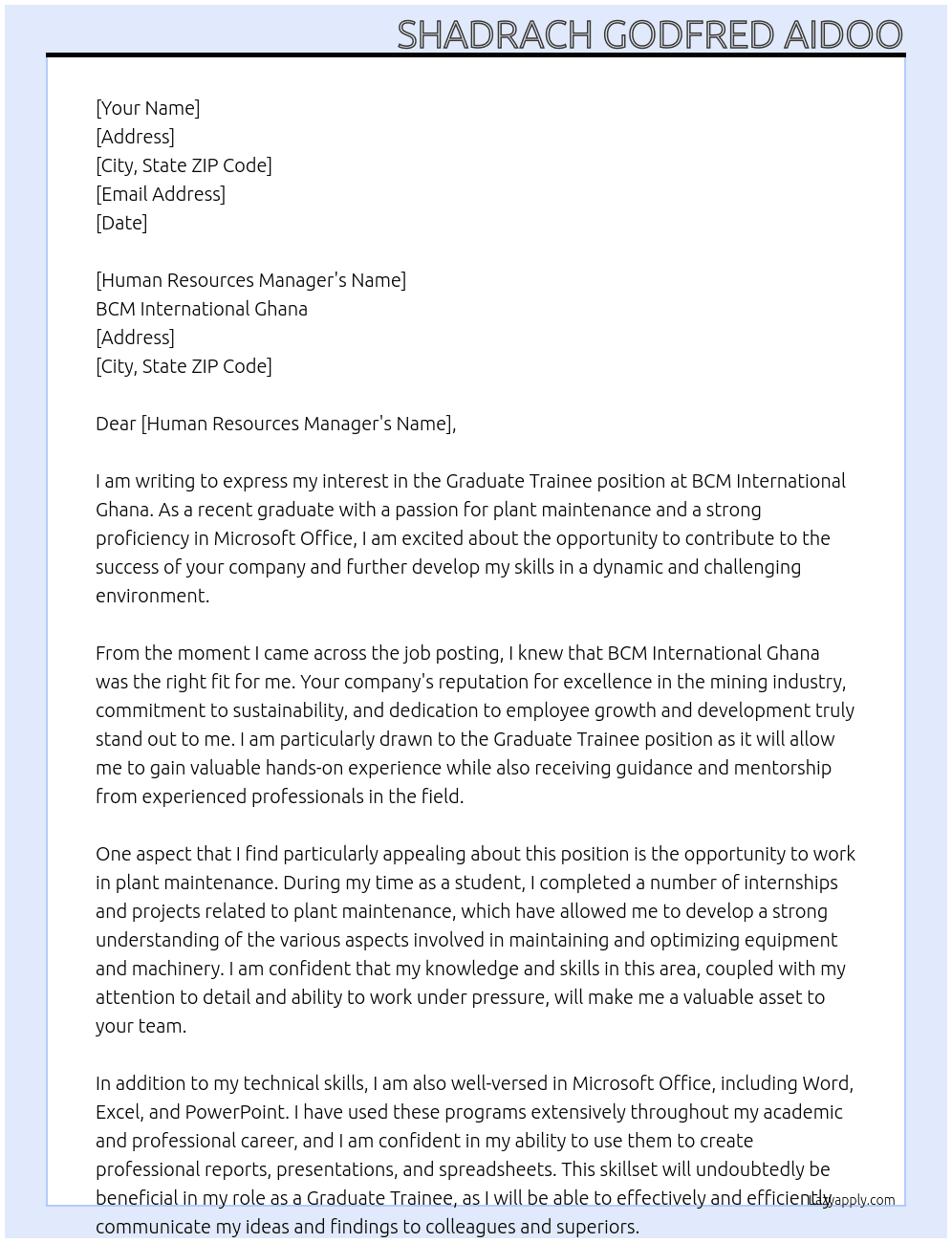 Graduate Trainee  At BCM International Ghana  Cover Letter