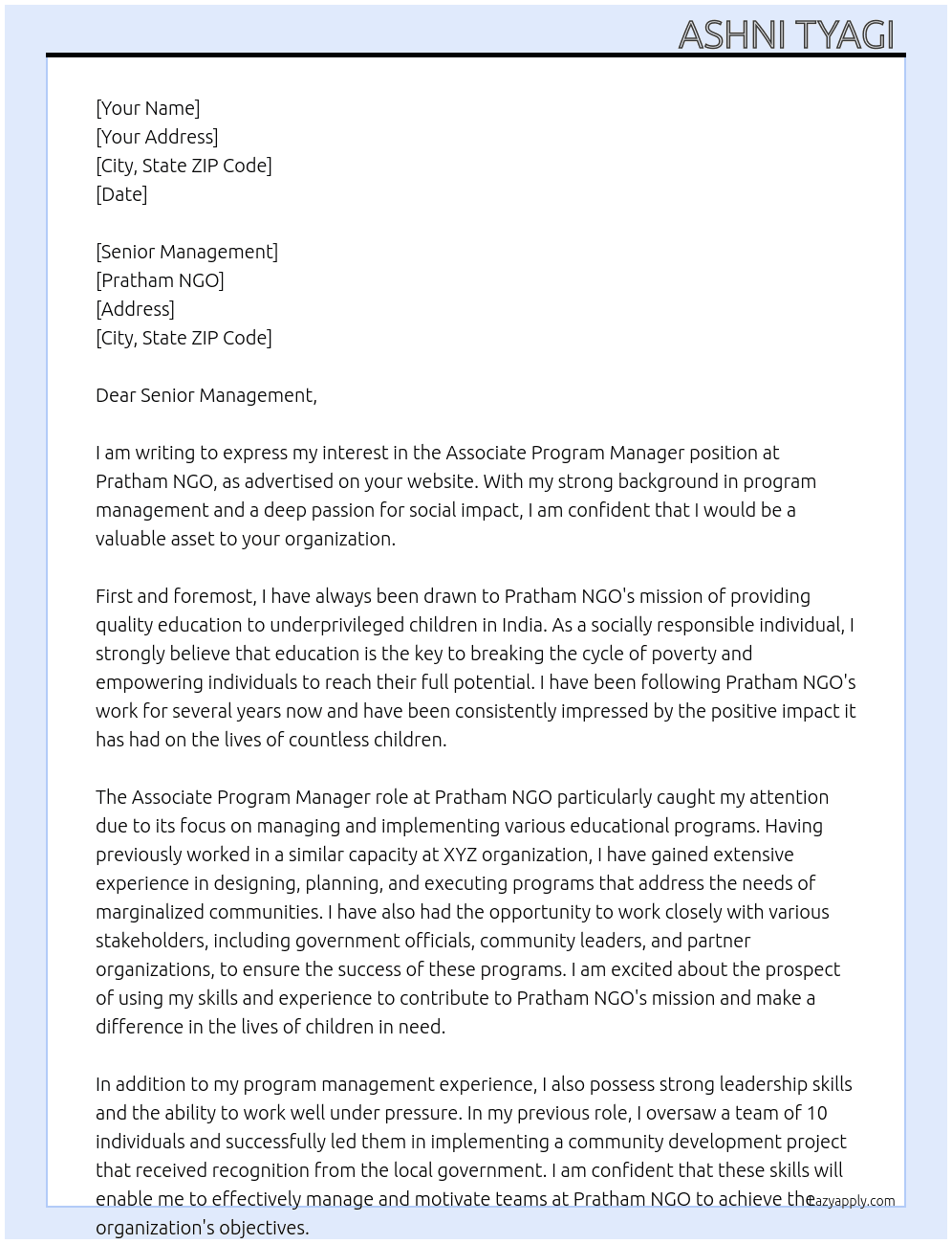 Associate Program Manager At Pratham NGO Cover Letter