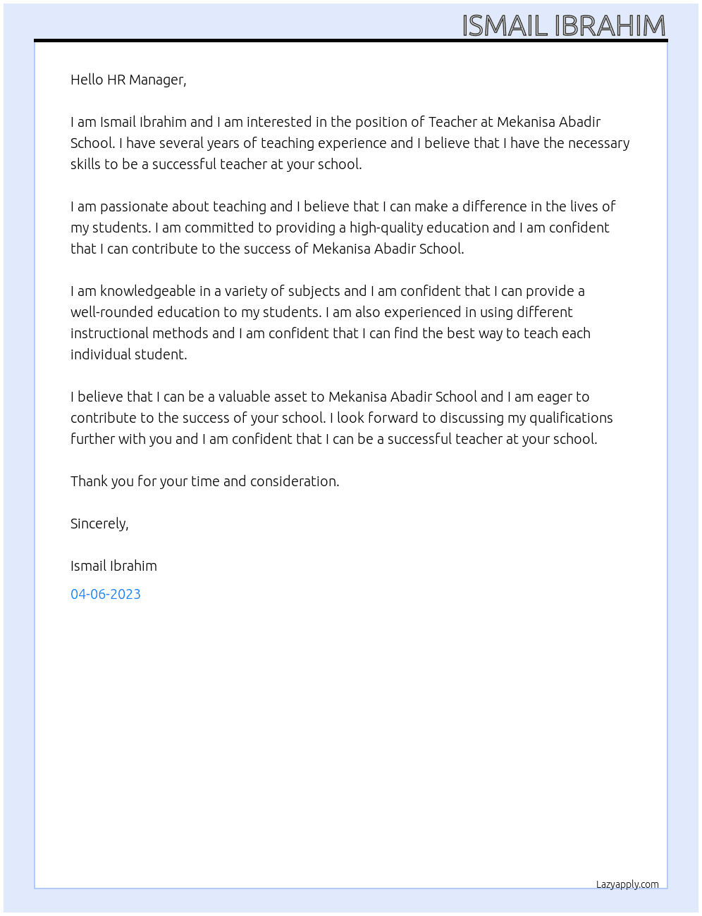 Teacher At Mekanisa Abadir School Cover Letter