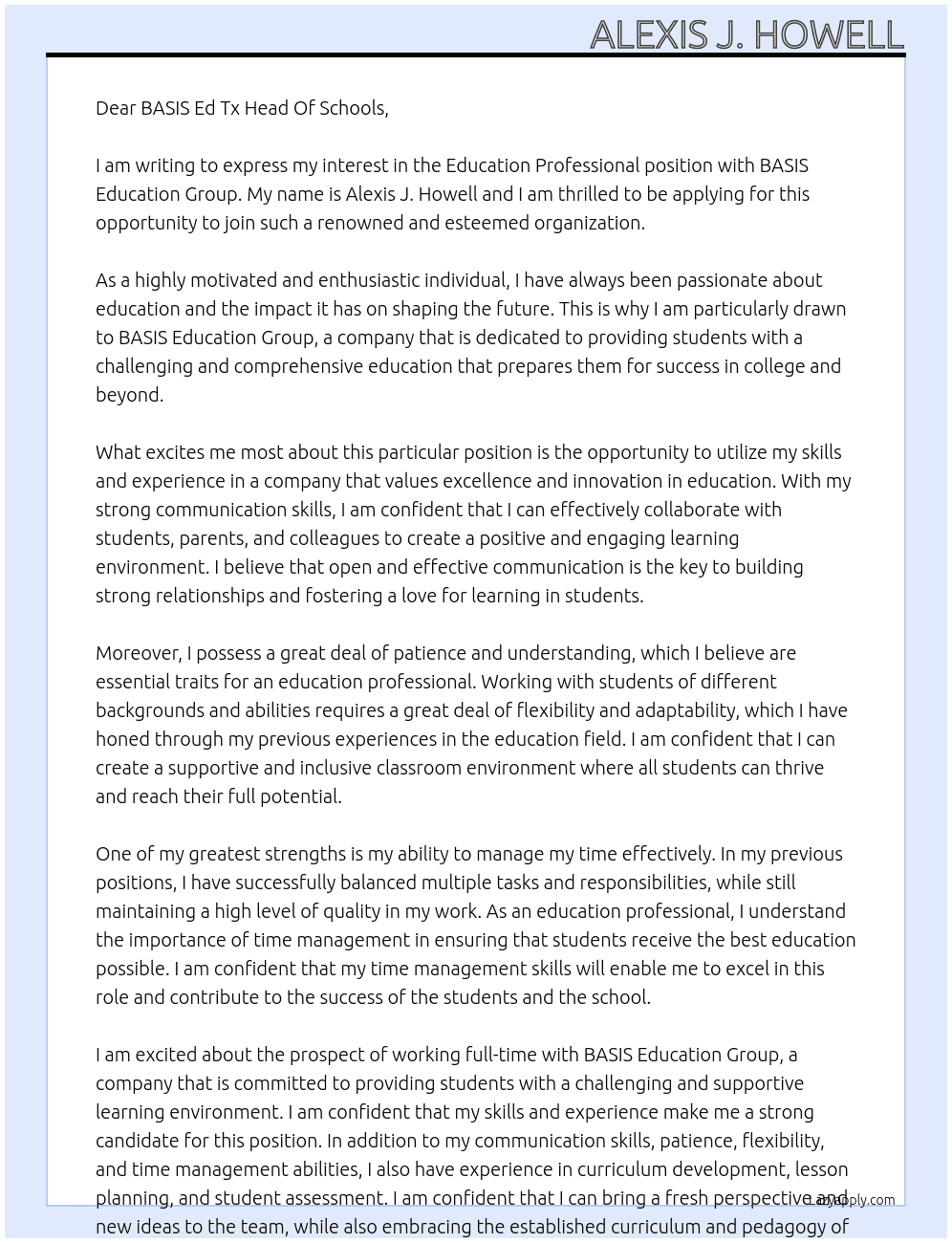 Education Professional  At BASIS Ed Tx Head Of Schools  Cover Letter