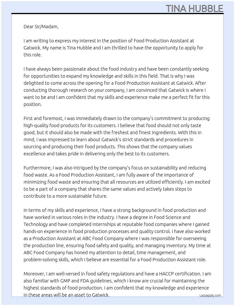 Food production assistant At Gatwick  Cover Letter