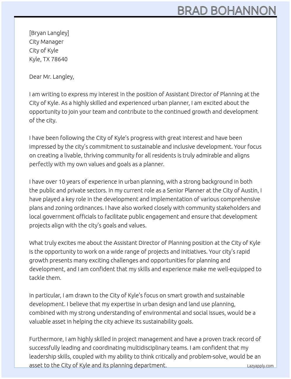 Assistant Director of Planning At City of Kyle Cover Letter