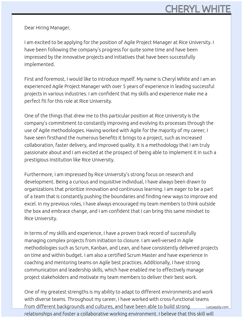 Agile Project Manager At Rice University Cover Letter