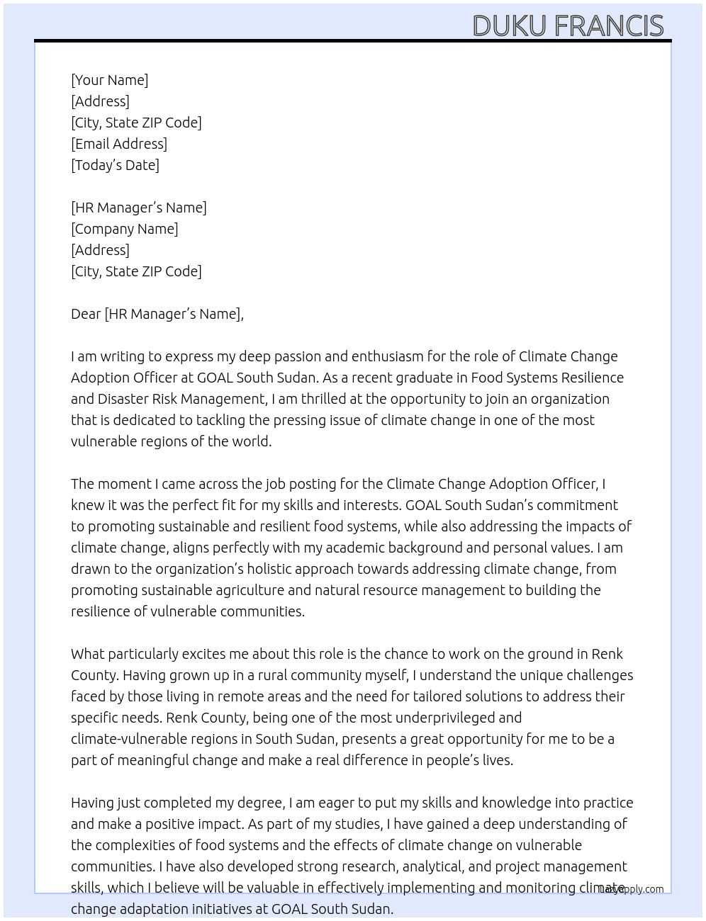 Climate change adoption officer  At GOAL South Sudan  Cover Letter