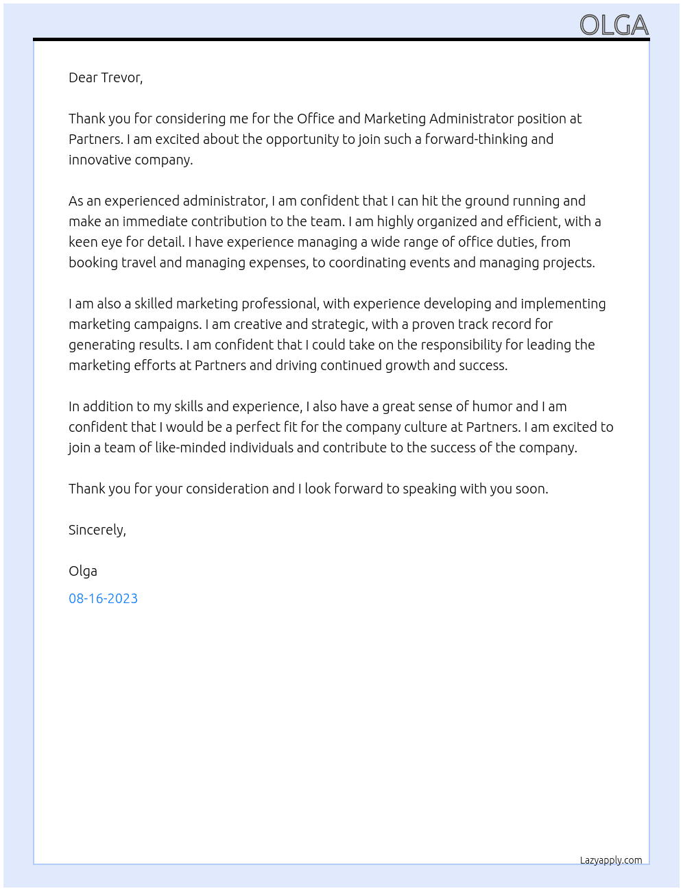 Office and Marketing Administrator At partners Cover Letter
