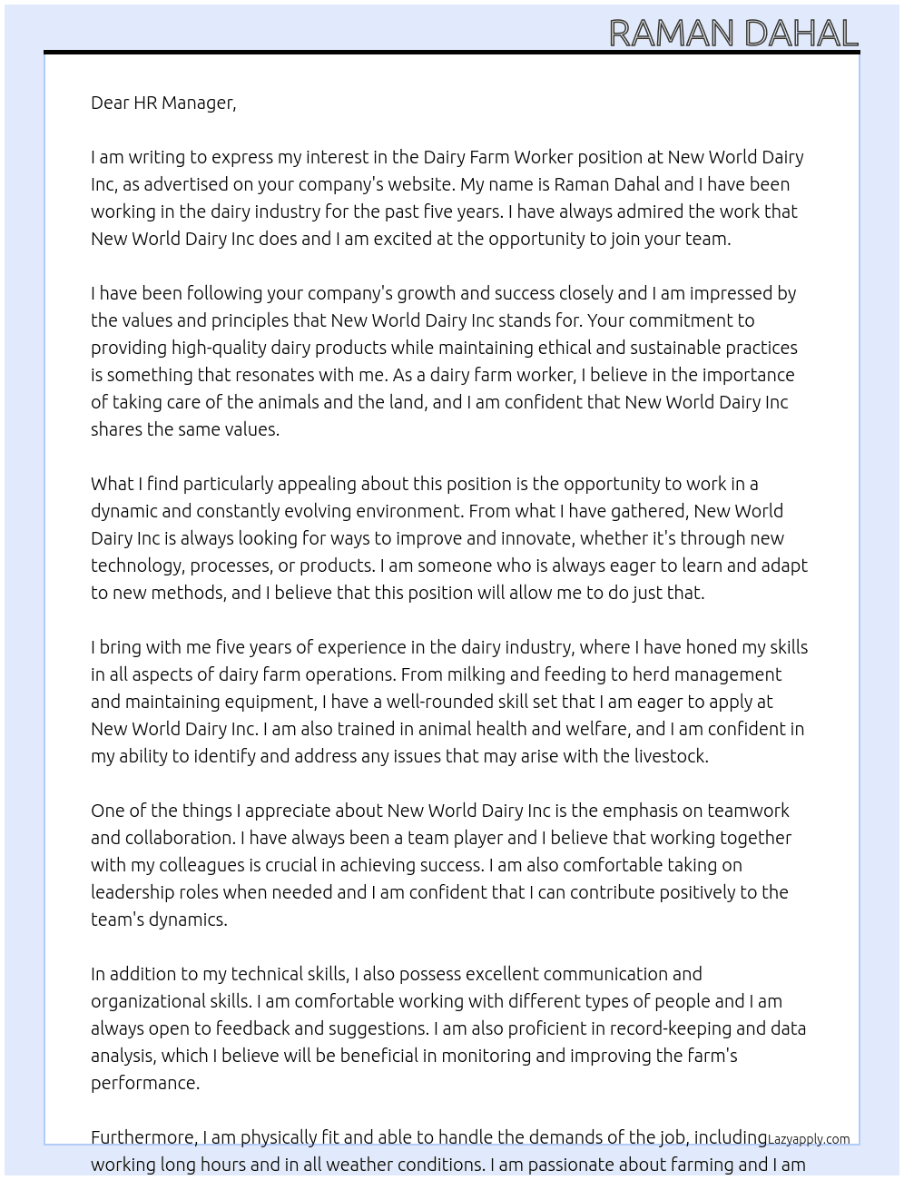 Cover letter for dairy farm workerr - LazyApply