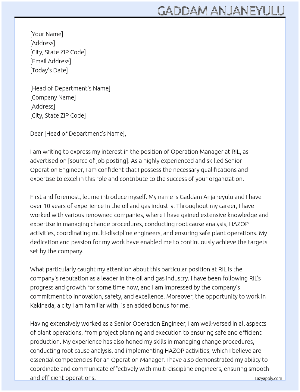 OPERATION MANAGETR At RIL Cover Letter