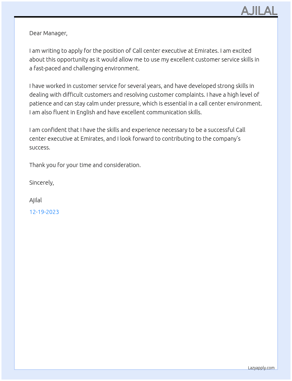 Call center executive At Emirates Cover Letter