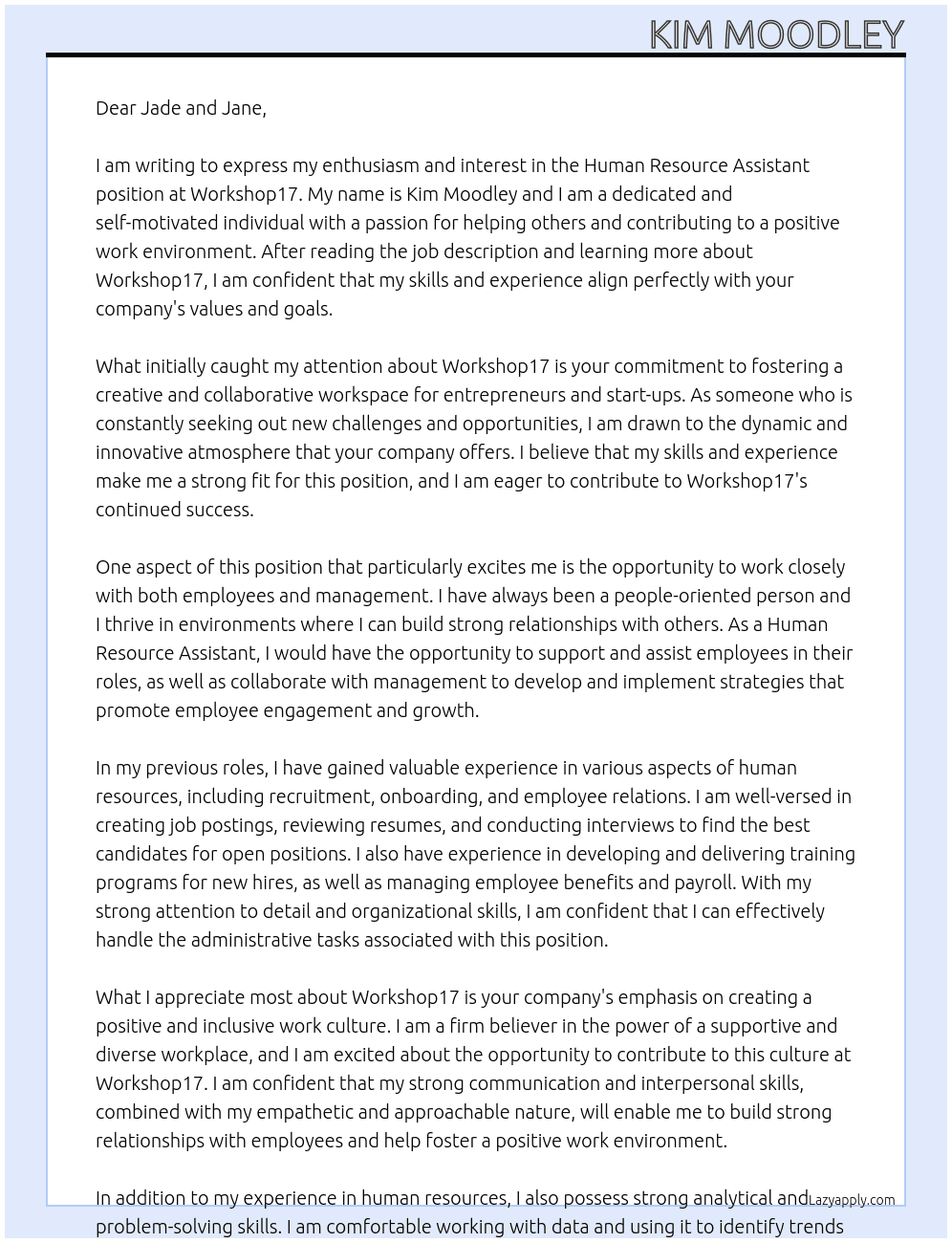 Human resource assitant  At Workshop17 Cover Letter