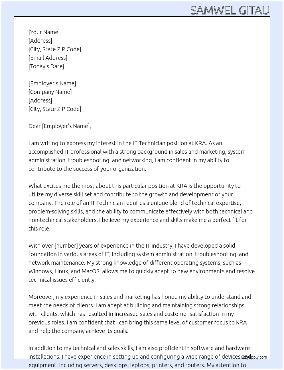 IT Technician  At KRA Cover Letter