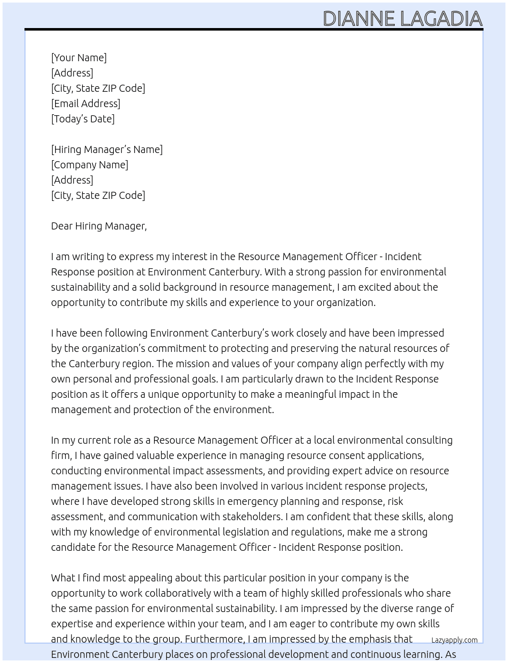 Resource Management Officer - Incident Response At Environment Canterbury Cover Letter