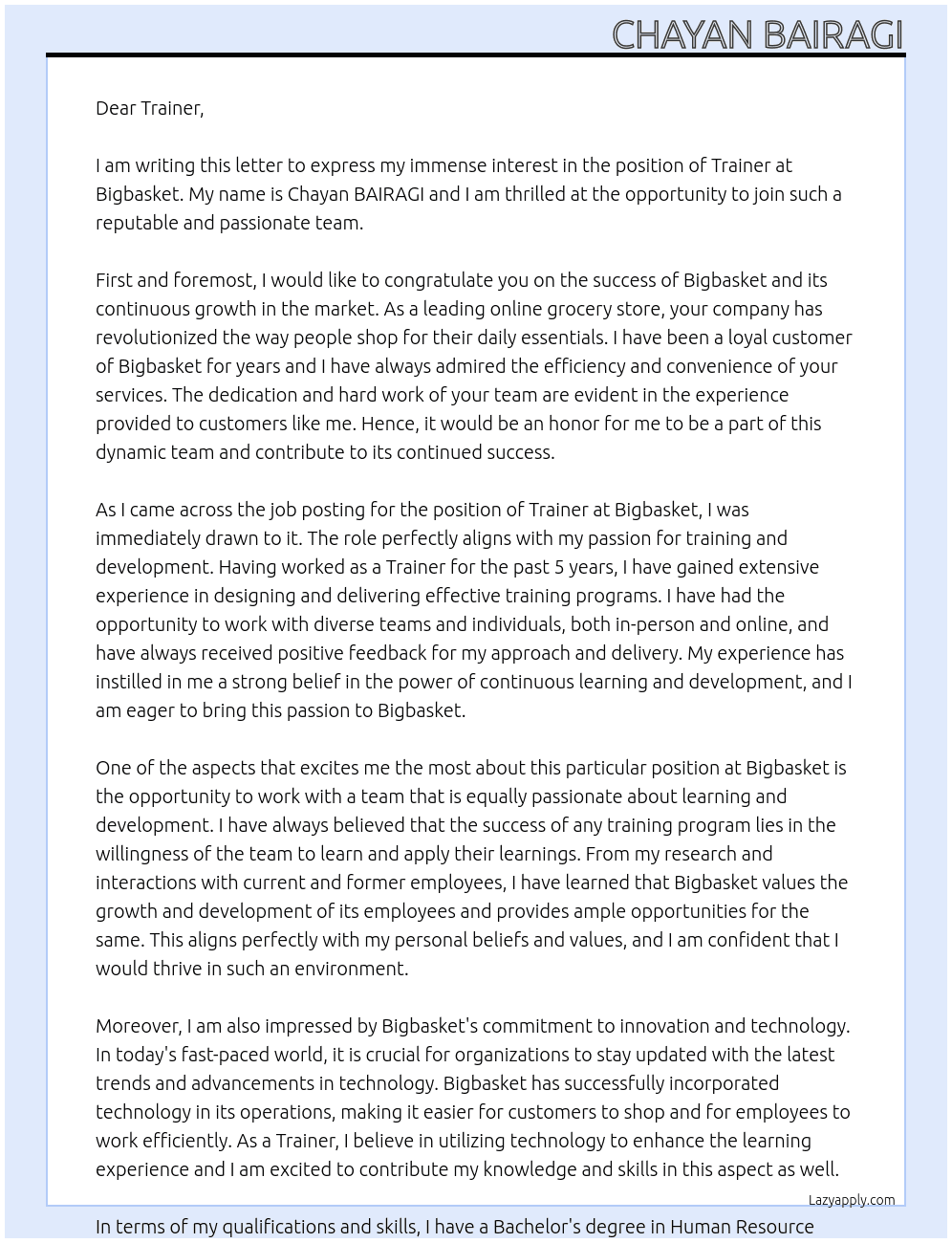 Trainer  At Bigbasket Cover Letter