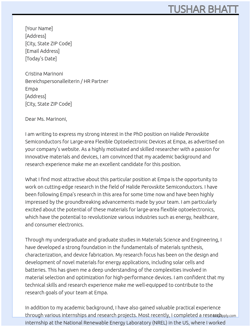 PhD position on Halide Perovskite Semiconductors for Large-area Flexible Optoelectronic Devices At Empa Cover Letter