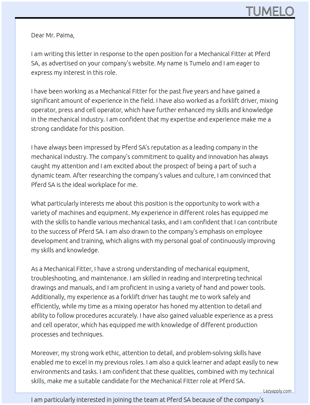 Mechanical fitter At Pferd SA  Cover Letter