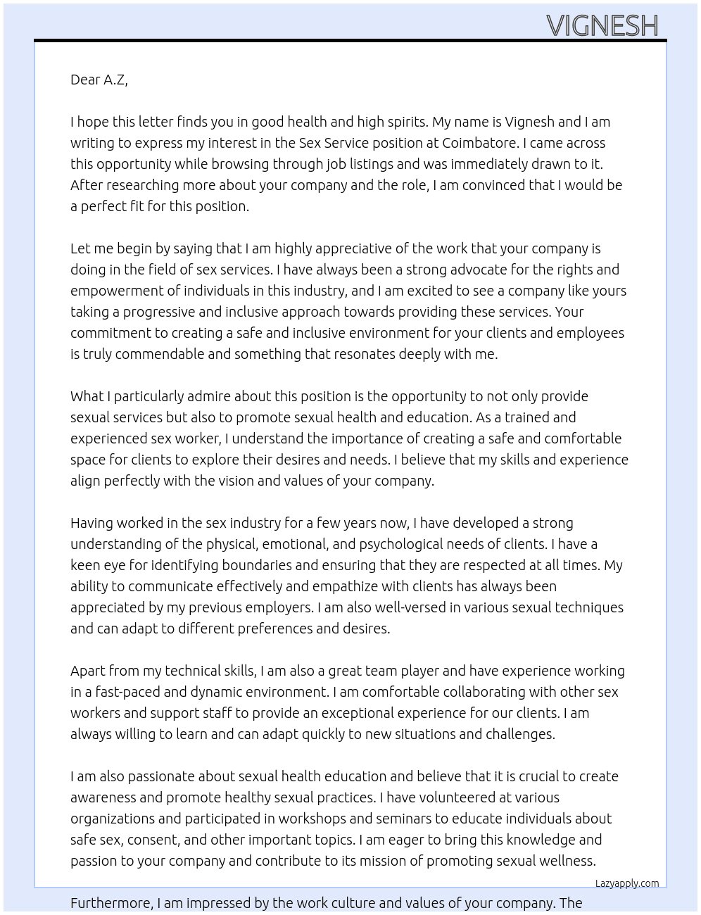 Sex service  At Coimbatore  Cover Letter