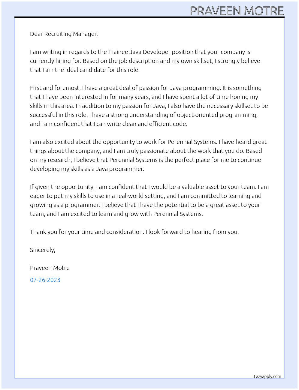 Trainee java Developer At Perennial Systems Cover Letter