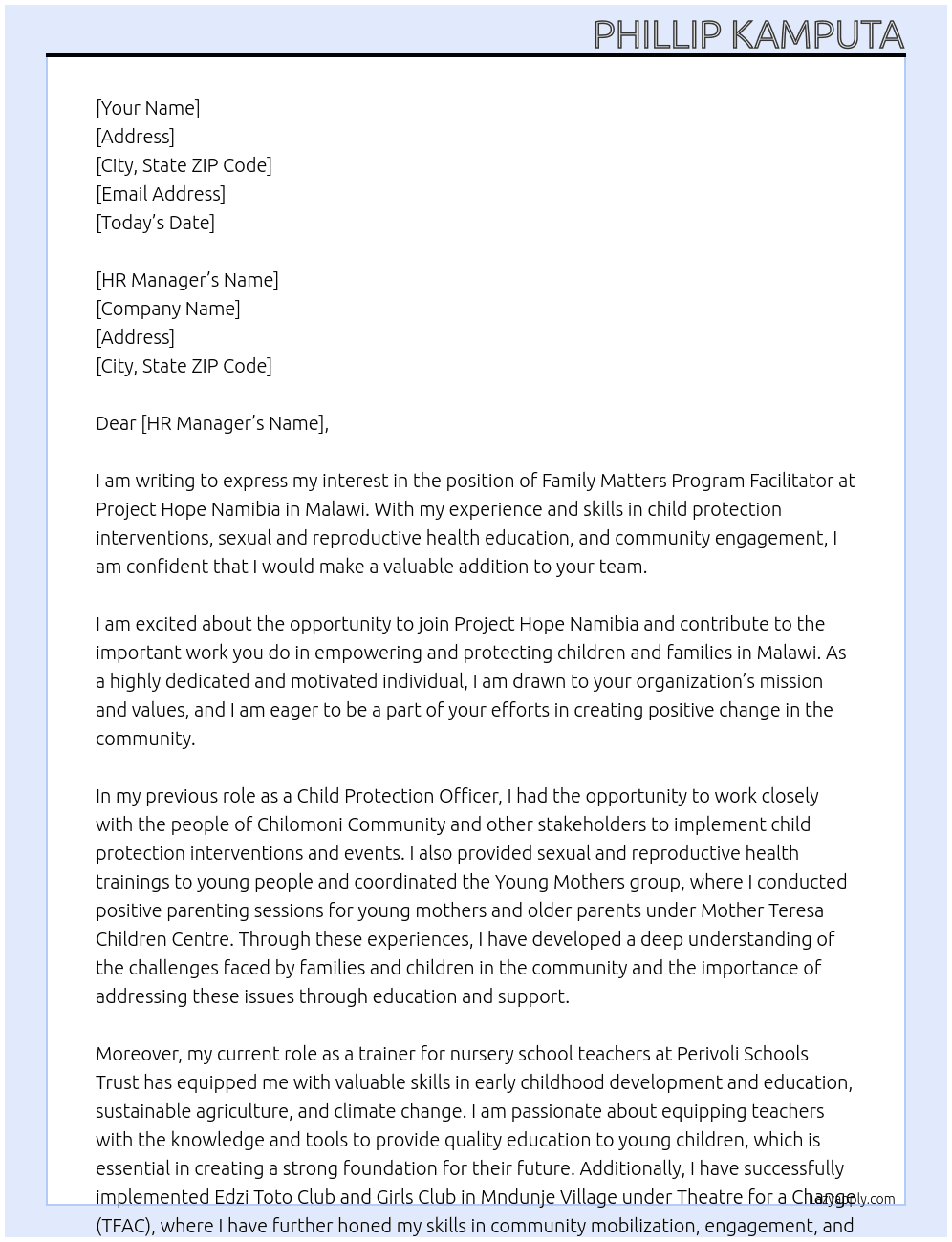 FAMILY MATTERS PROGRAM FACILITATOR At Project hope Namibia in Malawi Cover Letter