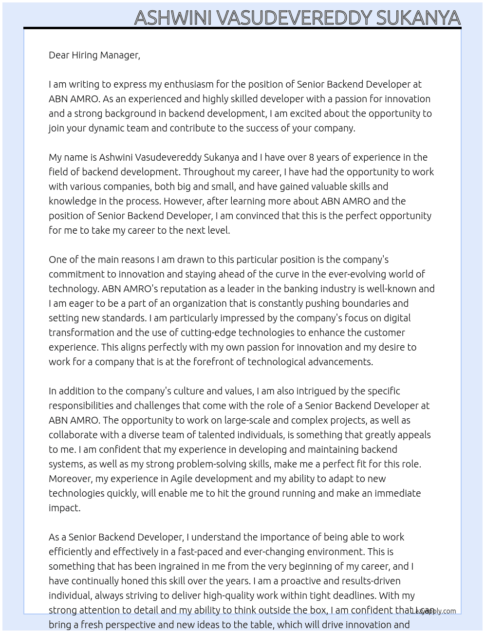 Senior Backend Developer At ABN AMRO Cover Letter