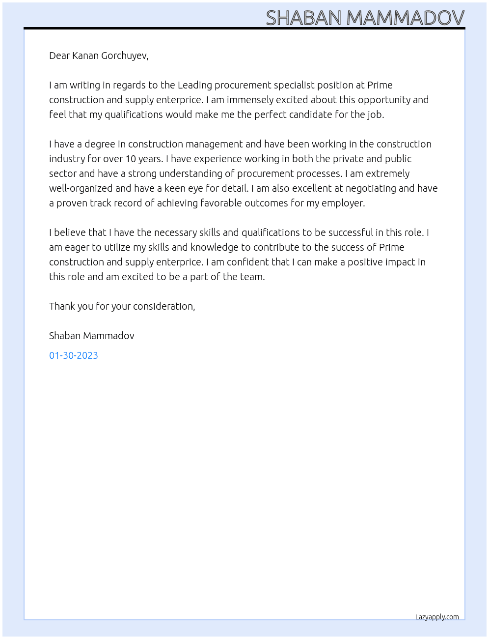Cover letter for leading procurement specialist - LazyApply