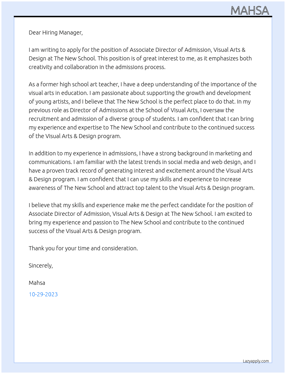 Associate Director of Admission, Visual Arts & Design At The New School Cover Letter
