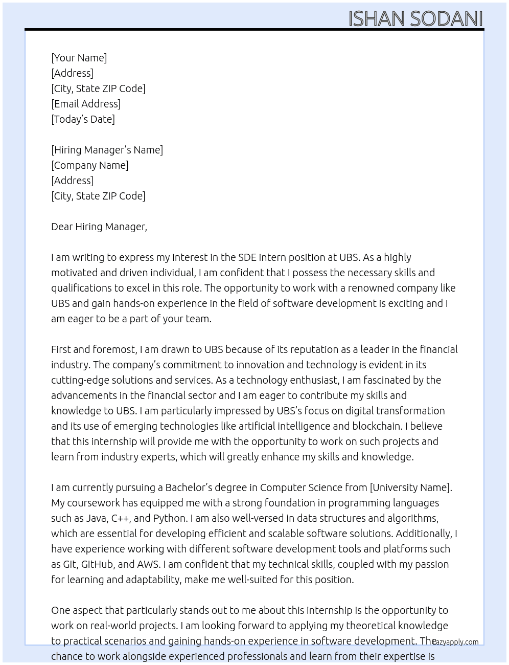 SDE intern At UBS  Cover Letter