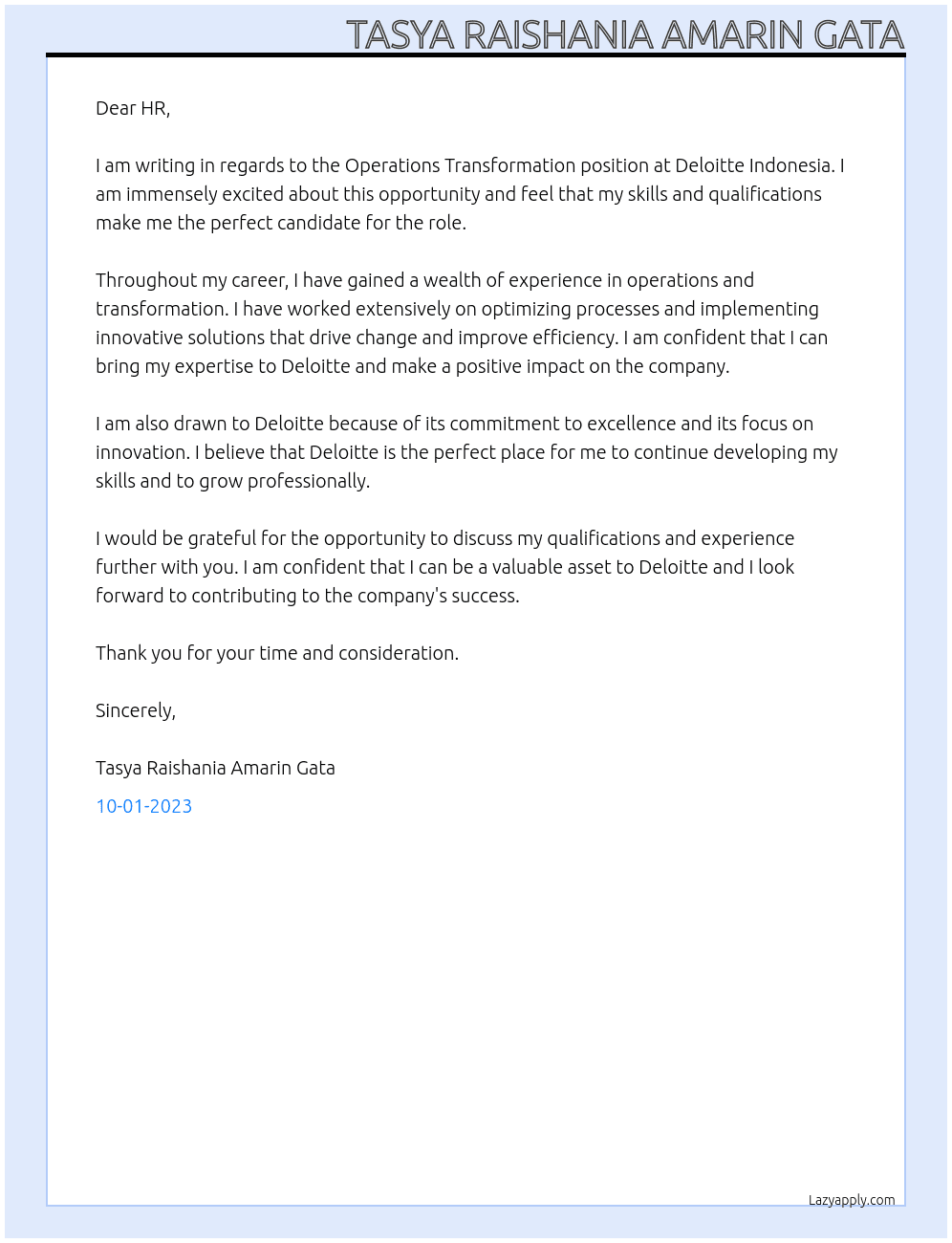 Operations Transformation At Deloitte Indonesia Cover Letter