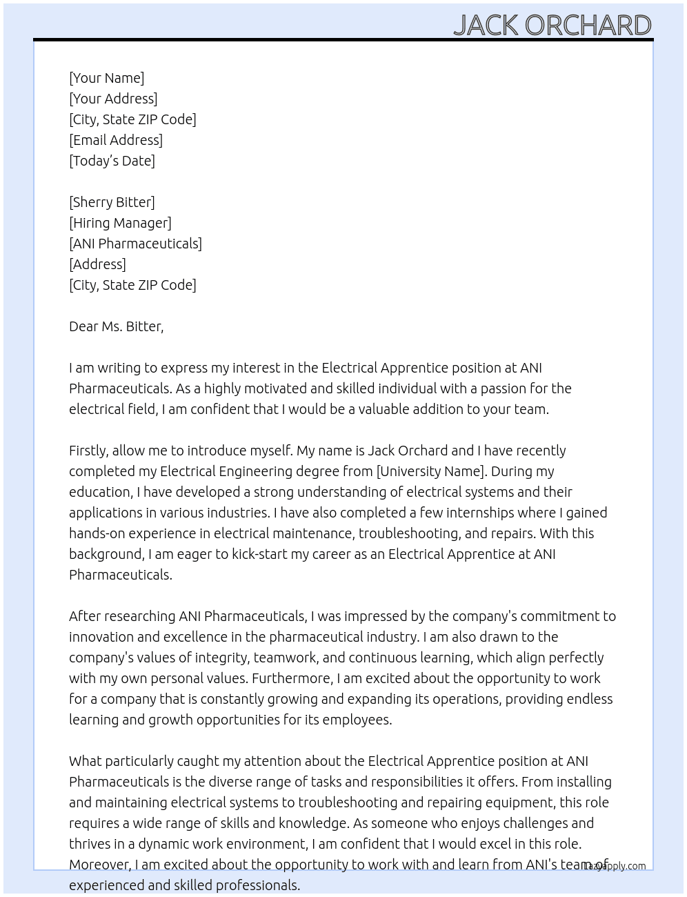 Electrical apprentice At ANI Pharmaceuticals Cover Letter