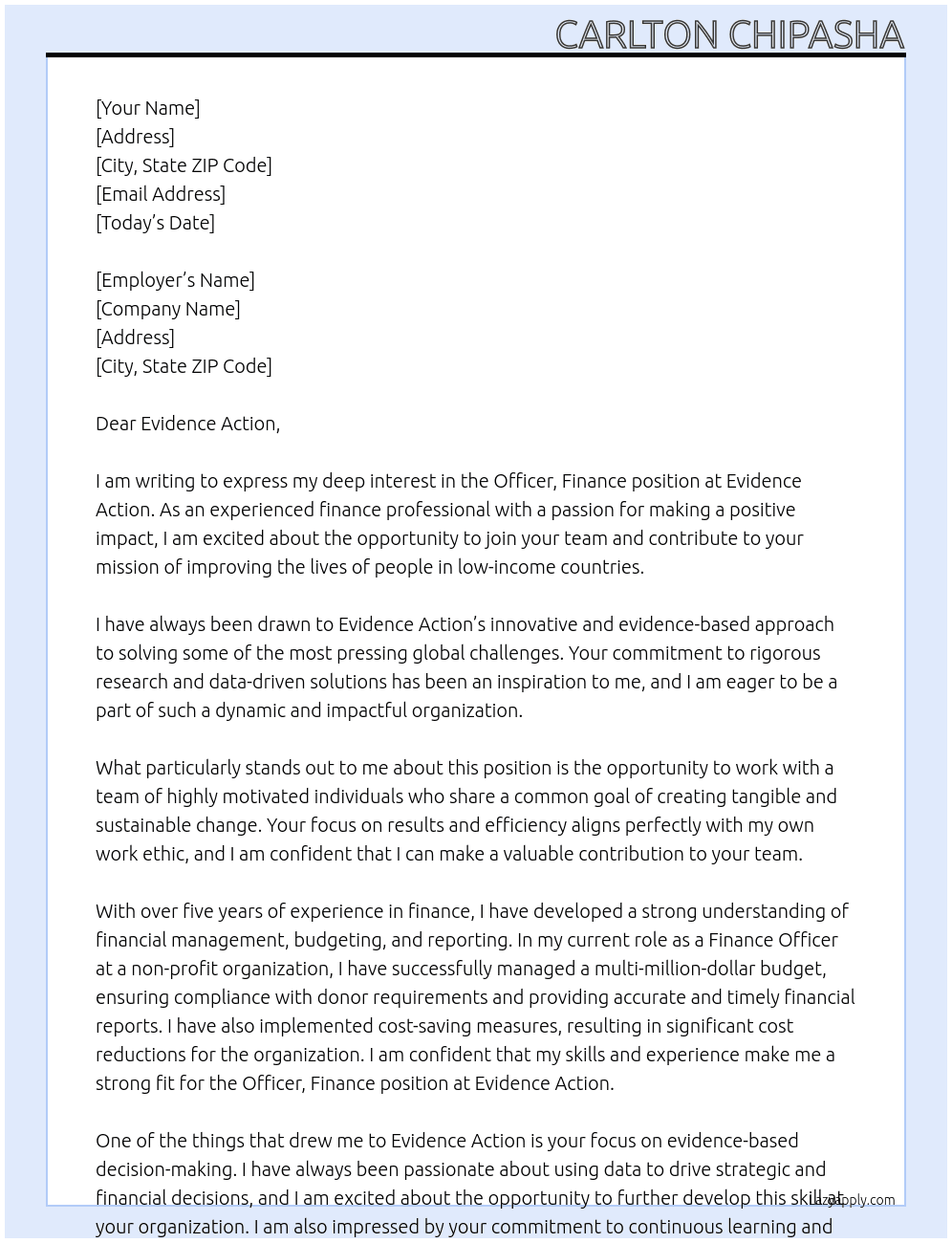 Officer, Finance  At Evidence Action Cover Letter