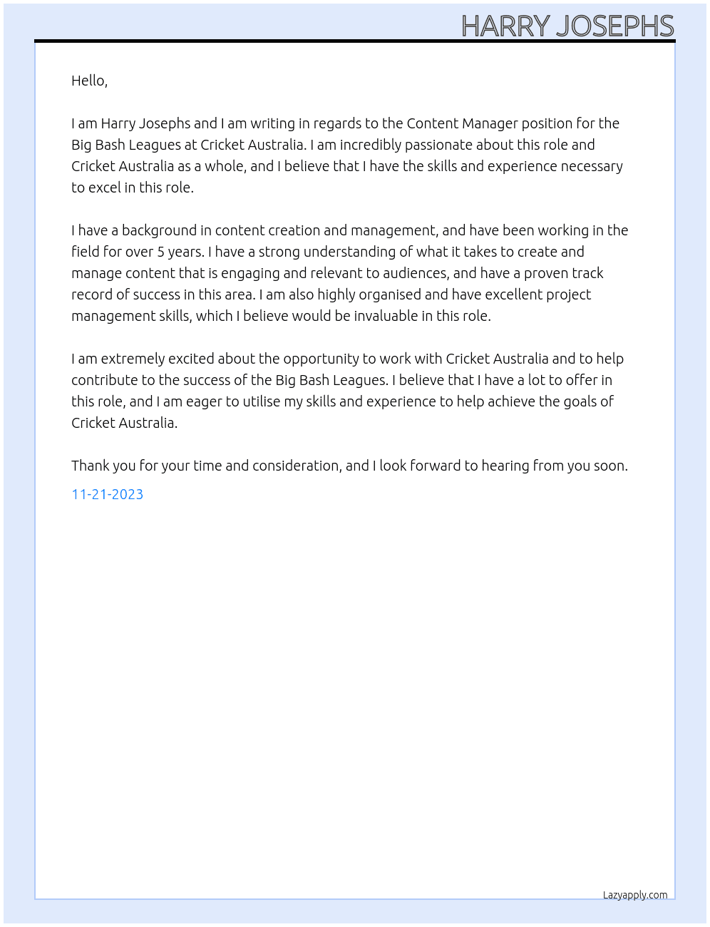 Content Manager - Big Bash Leagues At Cricket Australia Cover Letter