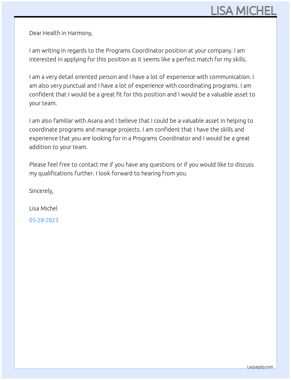 Programs Coordinator At Health in Harmony, Inc Cover Letter