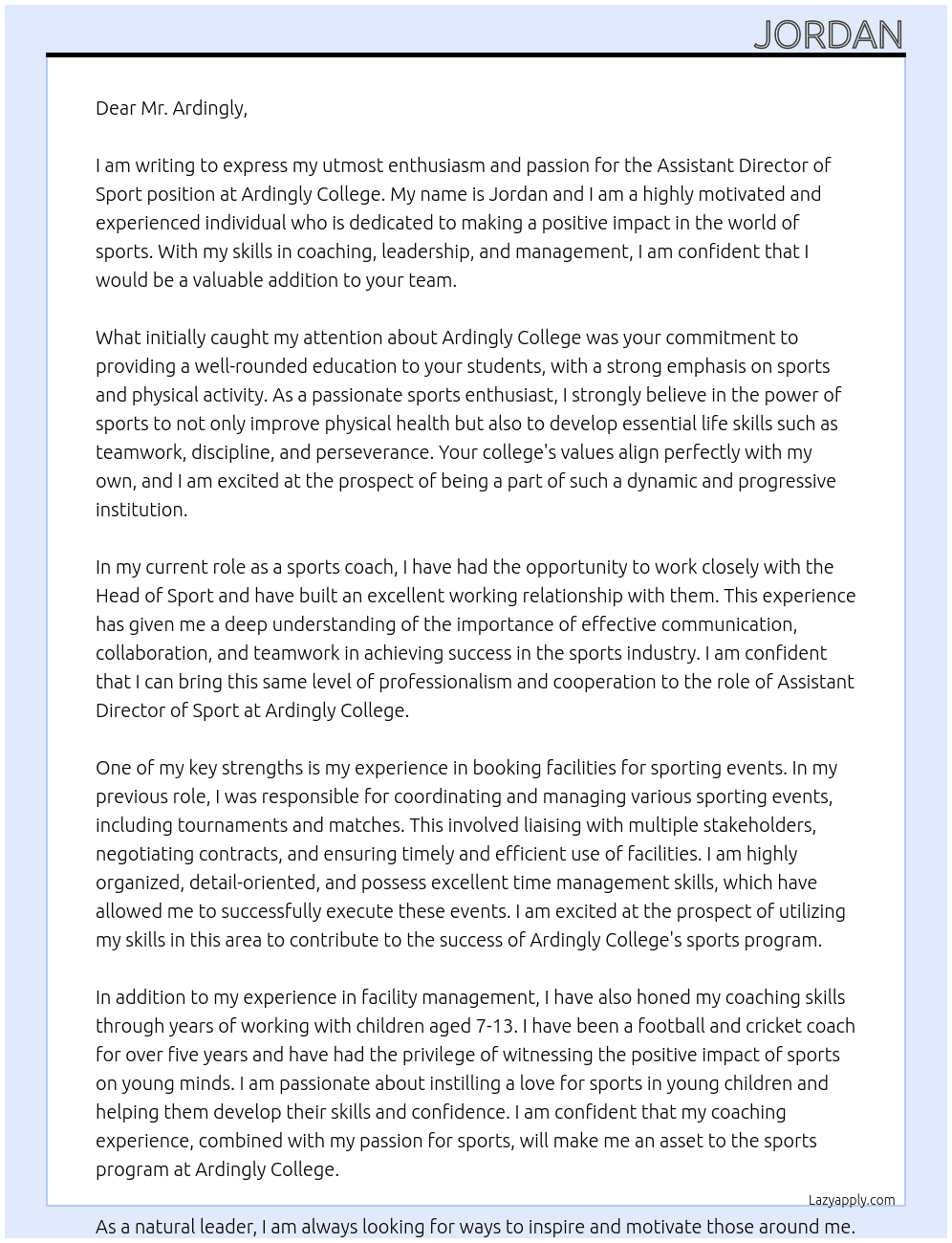 Assistant Director of sport At Ardingly College  Cover Letter