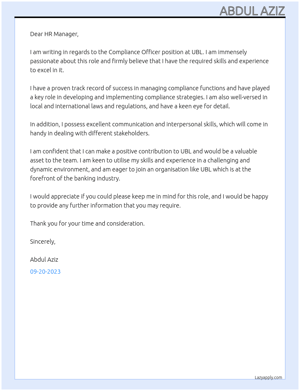 Compliance Officer At UBL Cover Letter
