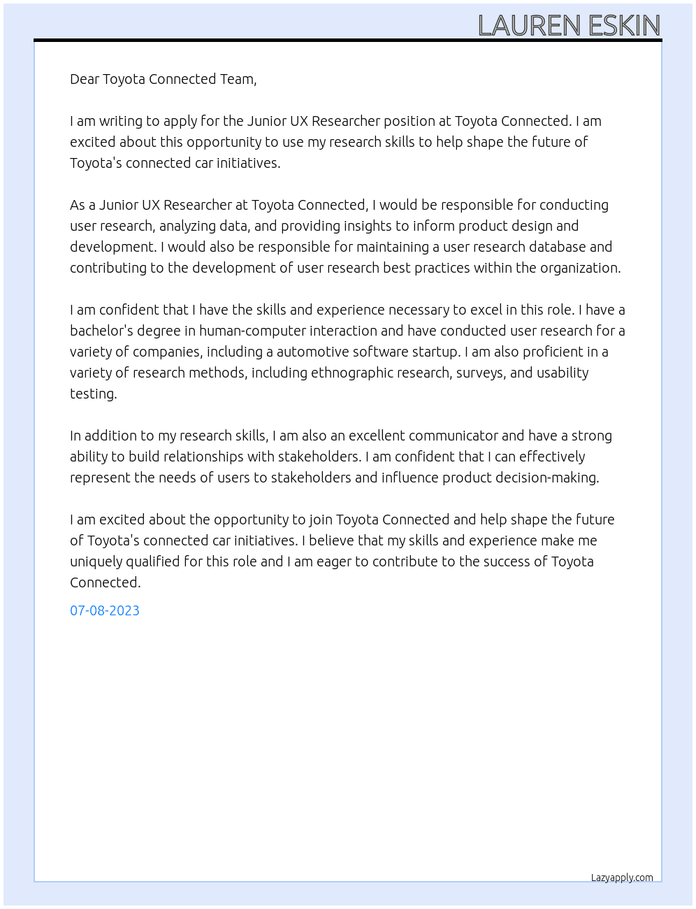 Junior UX Researcher At Toyota Connected Cover Letter