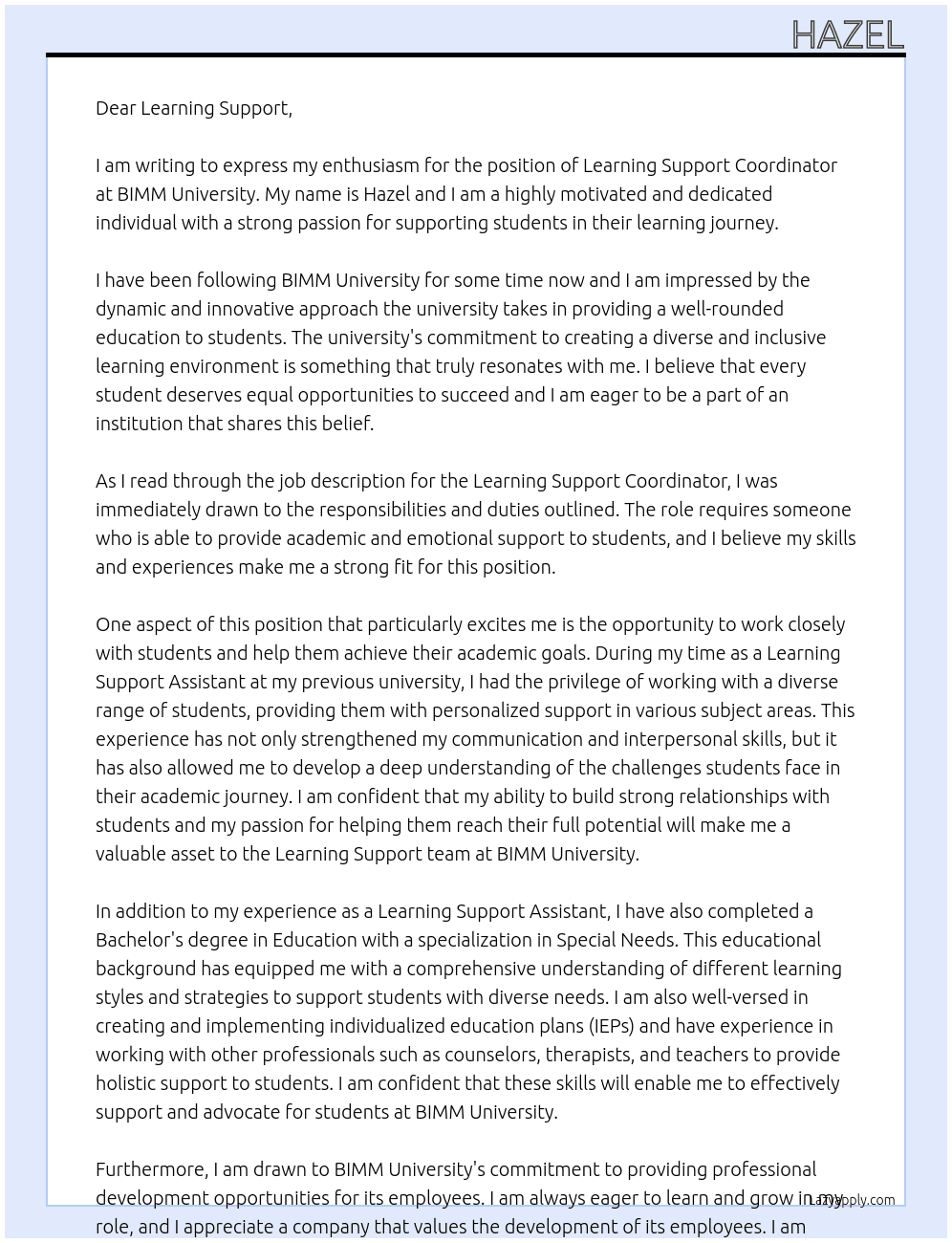 Learning Support Coordinator At BIMM University Cover Letter