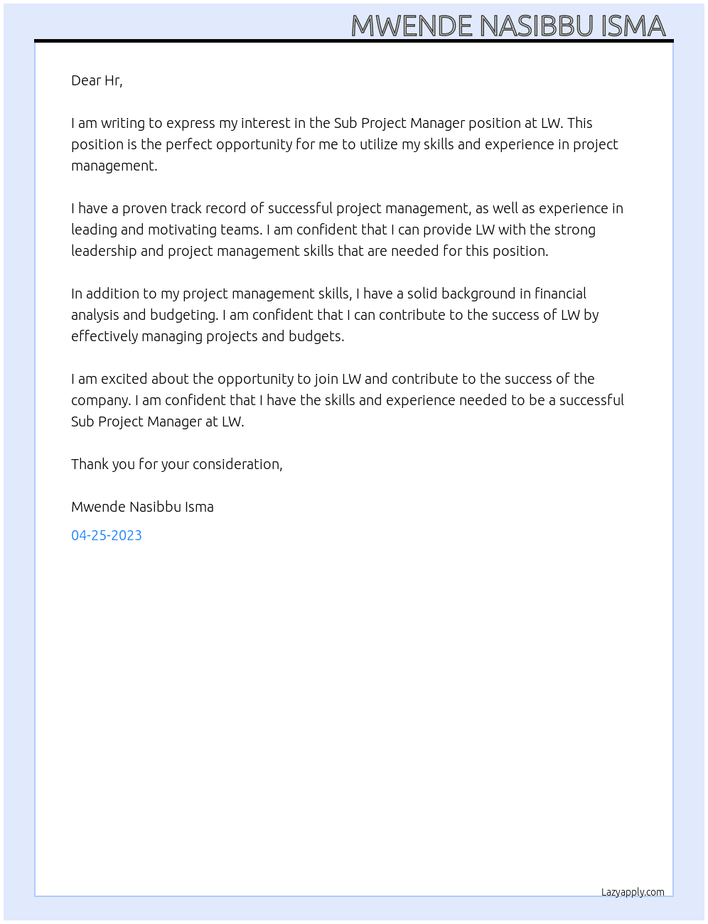 Sub Project Manager  At LW Cover Letter