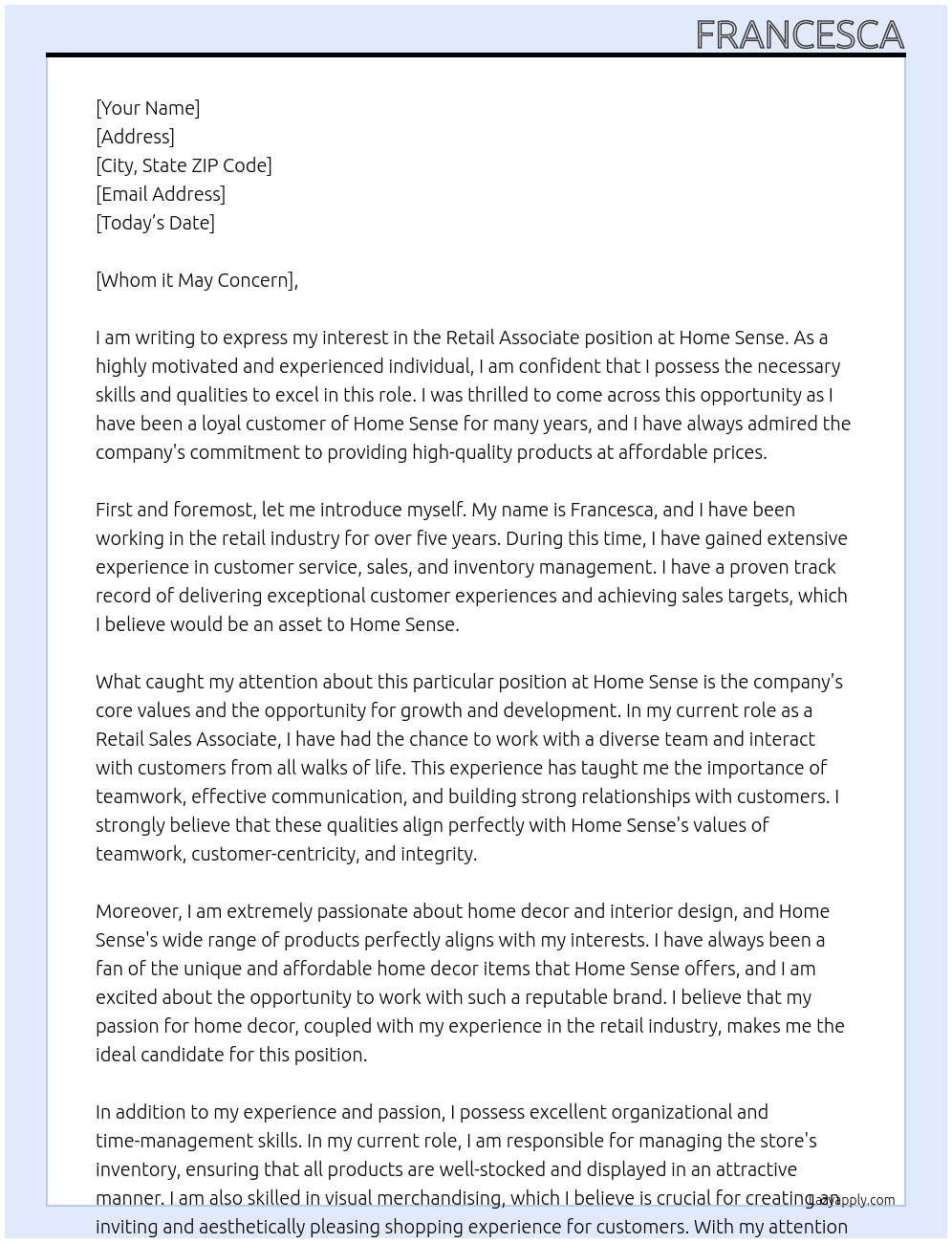 Retail Associate At Home Sense Cover Letter