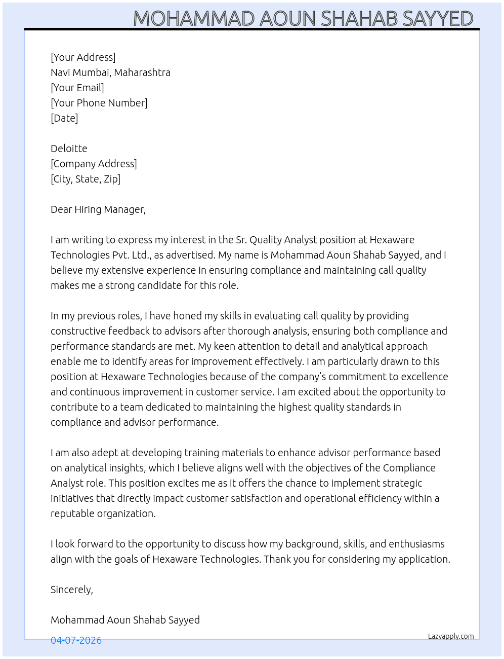 Cover letter for sr quality anylst - LazyApply