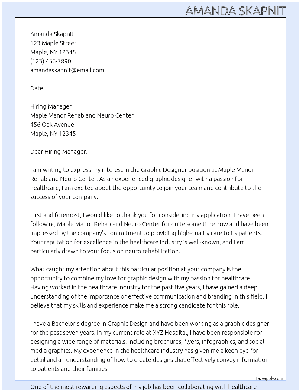 Graphic Designer At Maple Manor Rehab and Neuro Center Cover Letter