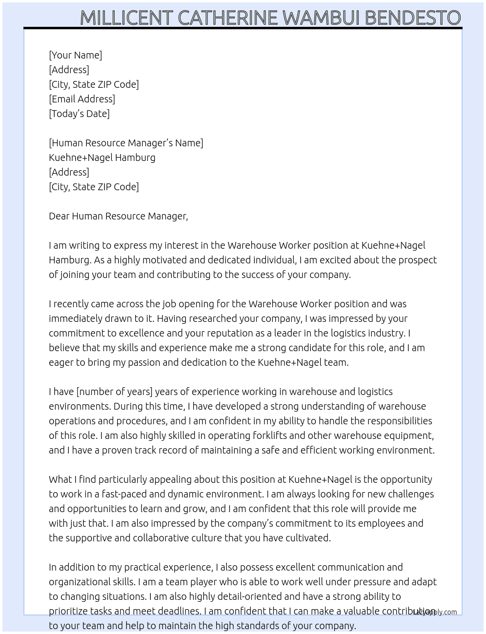 Warehouse worker  At Kuehne+Nagel Hamburg  Cover Letter