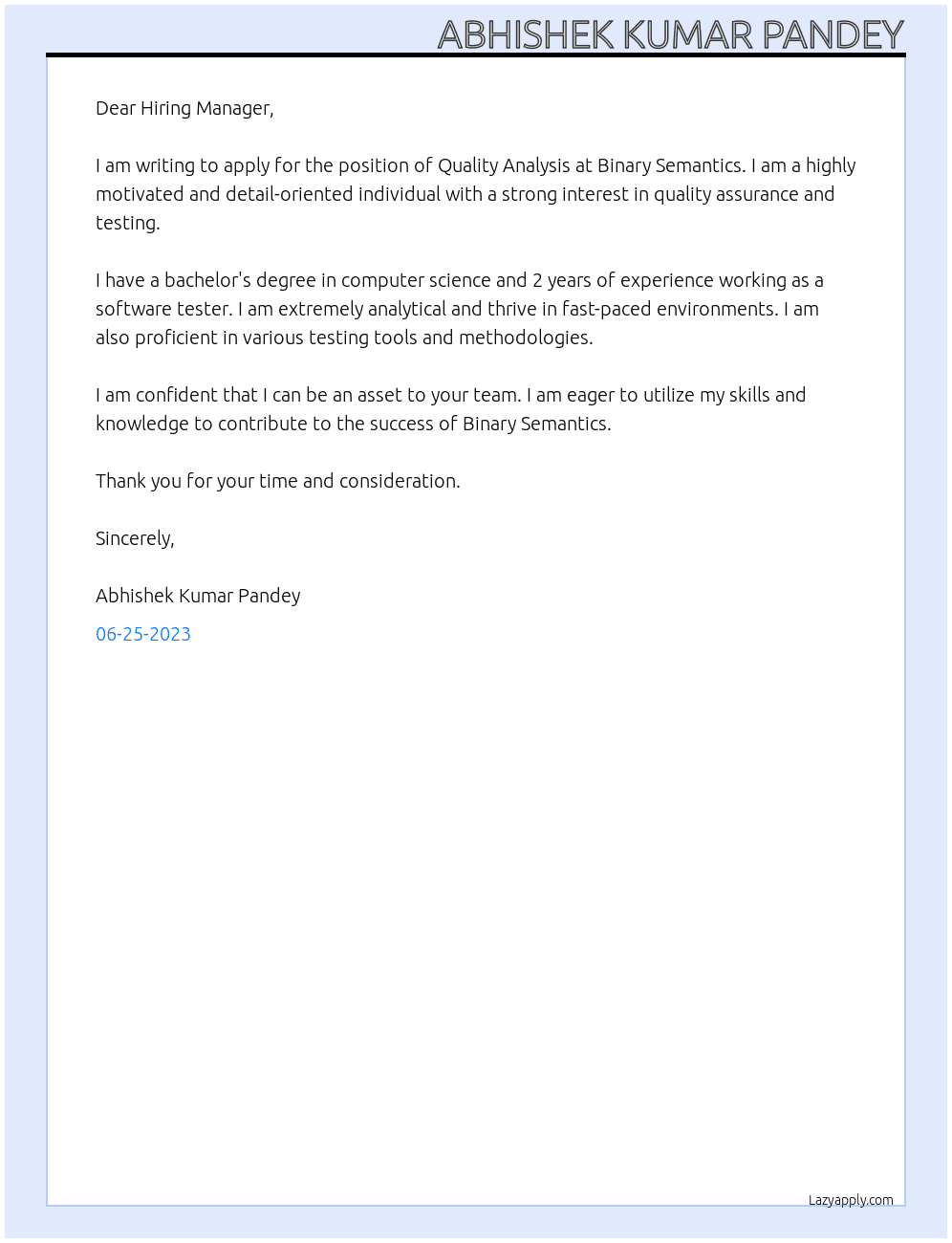 Quality Analysis At Binary Semantics Cover Letter